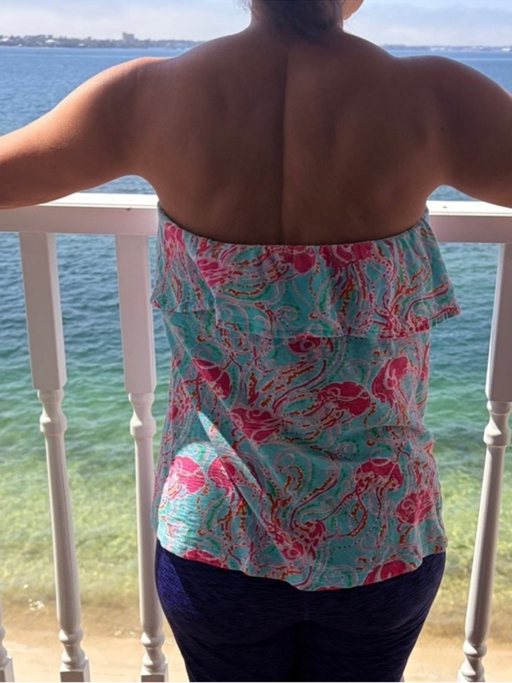 Lilly Pulitzer “Jellies Be Jammin” Strapless Ruffle Tube Top S Pink Blue Cotton - Picture 2 of 7
